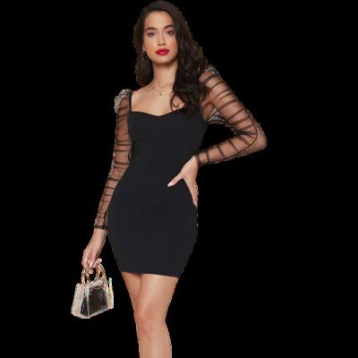 China Wholesale Sexy Ruched Sheer Long Sleeve Anti-Static Mesh Gigot Sleeve Bodycon Dress Solid Color for sale