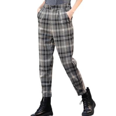 China Vintage Button Mid Waist Fashion Anti-Pilling Leg Plaid Pants Women Straight Up Ankle Casual Pantyhose for sale