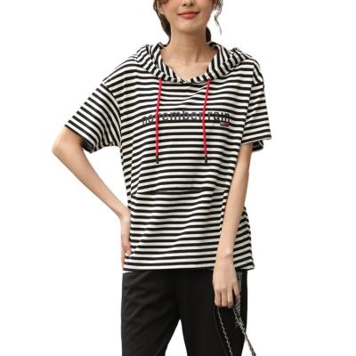 China New 2022 Summer QUICK DRY Women's Casual Hooded Logo Printing Striped Short T-Shirt for sale