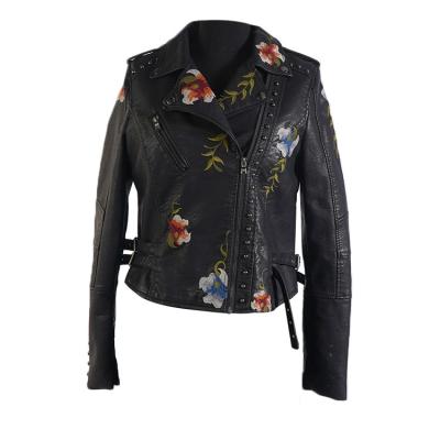 China Windproof Studs Women Fashion Custom Printing Women Black Motorcycle PU Leather Jacket for sale