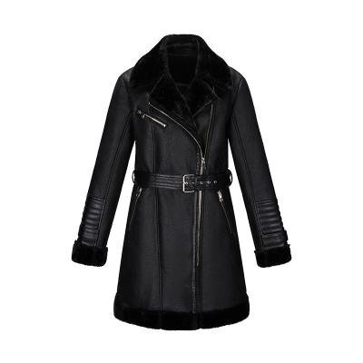 China Long Waterproof Women Pilot Overcoat With Belt And Buckle Over Cuff Long Aviator Shearling Lapel Jacket for sale