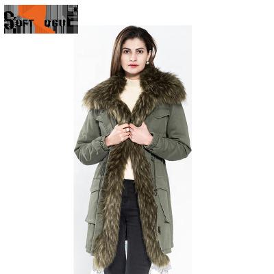 China SUSTAINABLE LADIES COTTON LONG COAT WITH FAUX RACCOON FUR ALONG COLLAR AND CF for sale