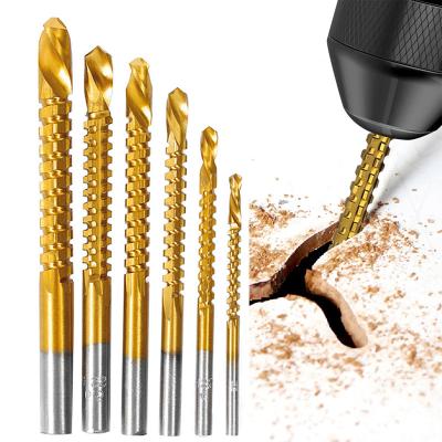 China Wood Drilling 6 Pieces Twist Drill Bit Set Serrated Groove Cutting Tap Spiral Saw Wood Metal Plastic Hole Saw HSS Titanium Drill Bit for sale