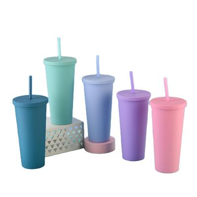 China Minimalist Plastic Reusable Cups With Lids And Straw Multicolor Frosted Coffee Mugs Drinking Water Bottle for sale