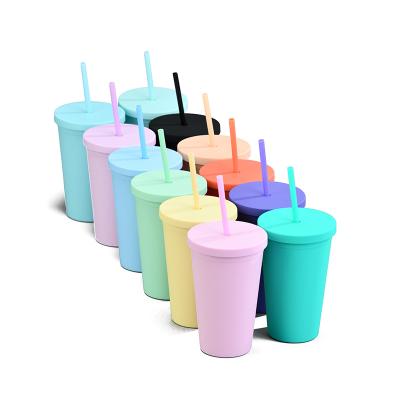 China Minimalist Customized Candy Color Double Wall Drink Coffee Mug With Straw 16OZ Plastic Frosted Water Bottle for sale