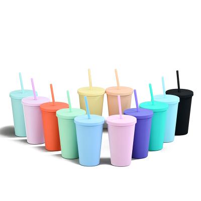 China Minimalist Amazon Candy Colored Double Layer Plastic Straw Cup 16OZ Coffee Cup With Lid Scrub Water Drink Cup for sale