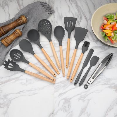 China Gray 15PCS Viable Silicone Turner Tongs With Wooden Handle Pots And Pans Accessories Useful Cookware for sale