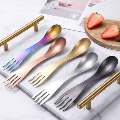 China Disposable hot sale double sides use stainless steel spoon and bifurcating built-in flatware one fork one side spoon for sale