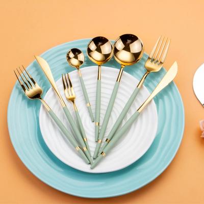 China Viable Fresh Mint Portable Salad Main Dinnerware Gold Dinner Flatware Set Forks Knife Spoon Teaspoon for sale