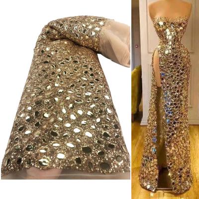 China hot sale 3D fabric lace fabric elegant fashionable Mesh Sequin Gold Embroidery Lace fabric for evening dress for sale