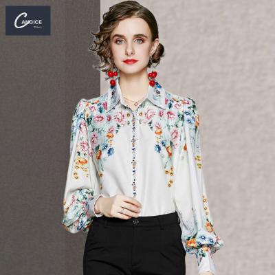 China New Candice Design Elegant Style Breath Lantern Sleeve Shirts QUICK DRY Office Tops White Cotton Floral Print Blouse Women for sale