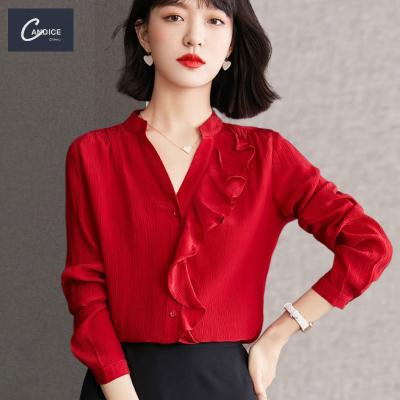 China Anti-pilling Candice 2021 red elegant casual shirts ruffle v neck long sleeve drop chiffon for women tops for sale