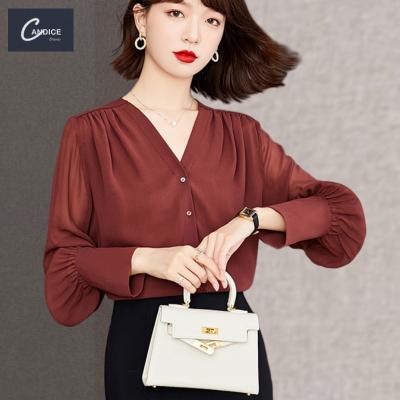 China Candice Office Lady Anti Pilling Use Elegant V-Neck Chiffon Long Puff Sleeve Plus Size Women's Blouses And Shirts for sale