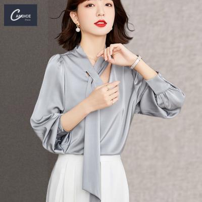 China Candice anti-pilling satin fashion design soild shirt raw silk long sleeve casual ladies' blouses and tops for sale