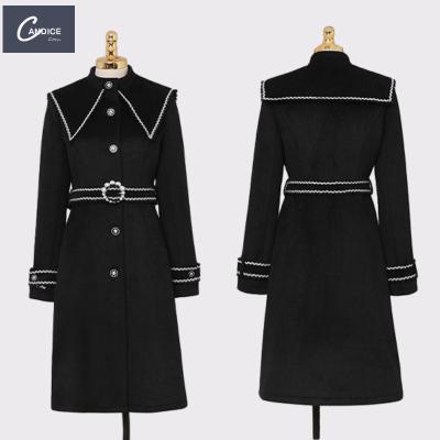 China Candice Breathable Black Plain Dyed Turn-Down Collar Fashion Coat Woolen Long Coats For Ladies for sale