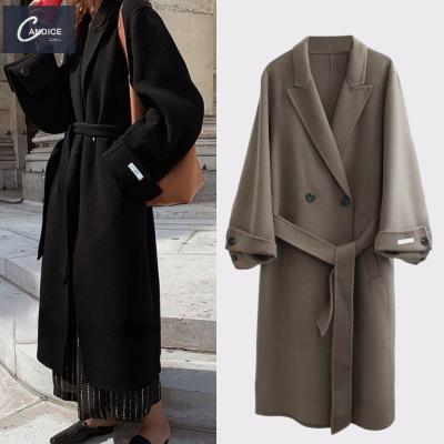 China Fashionable Ditch Women's Coat Thick Woolen Winter Latest Candice 2021 Anti-wrinkle Long Elegant Belt Pockats for sale