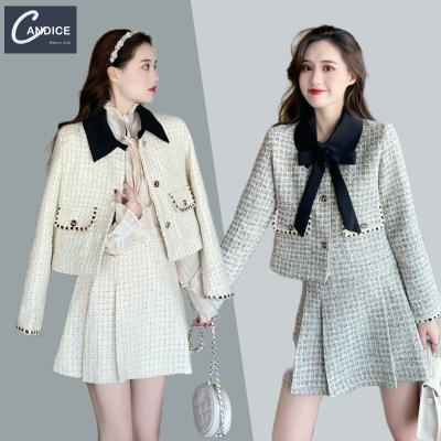 China Candice high quality plus size anti-pilling long sleeve tweed jacket and skirt two-piece set winter women for sale