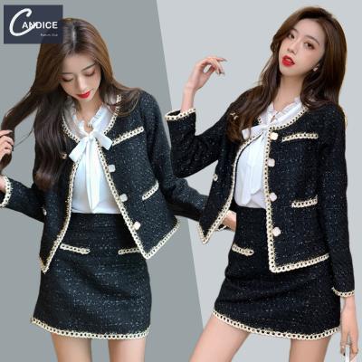 China Anti-pilling Candice tops fashion women winter clothes shining long sleeve tweed jacket and border two piece set for sale