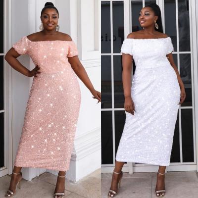 China High Density Hand-stitched Candice Haute Couture White And Pink Color Anti-Static Plus Size Evening Sequin Dress for sale