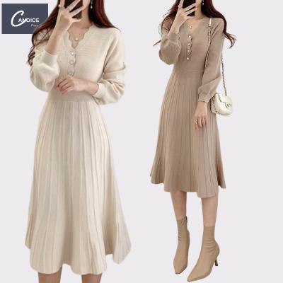 China Fashion New Arrival Candice Long Sleeve Puff A Line Maxi V-Neck Anti-Static Knit Sweater Dress For Women Winter for sale