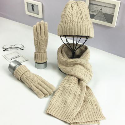 China Long Women Girls Fashion Winter Wool Cable Knit Beanie Hat Scarf Set Lady Wool Stretch Cable Knit Hat Scarves Mittens Set for sale