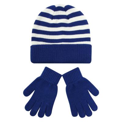 China Medium Custom Logo Toddlers Winter Stripe Knit Beanie Mittens Set Kids Striped Knit Beanie Hat Gloves Matching Set Slapped for sale