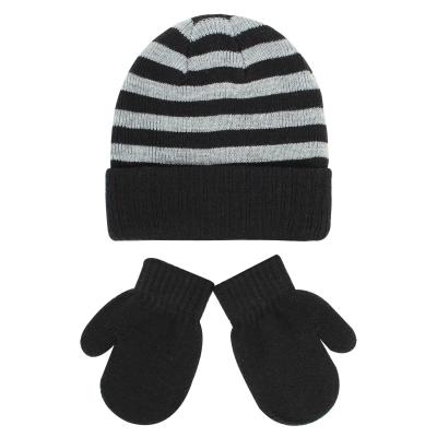 China Custom Medium Beanie Set Kids Striped Knit Logo Baby Toddlers Ribbed Knitted Mittens Slapped Winter Hat Snow Gloves Set for sale