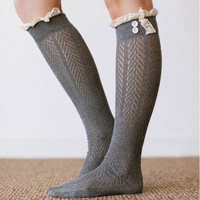 China Women Breathable Cotton Knit High Stockings Lace Trim Knee High Original Button Boot Booties With Lace Trim Boutique Socks for sale