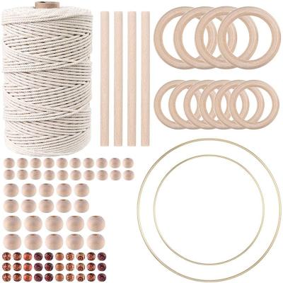 China DIY 100meters 100% Natural Wooden Macrame Rope Cotton Rope 3mm Beads Rustic Macrame Kit For DIY Plant Hangers Home Decor for sale