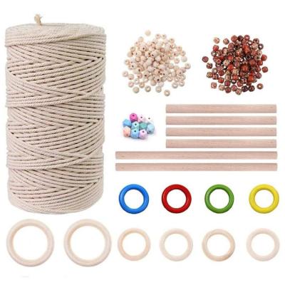 China DIY Rustic Macrame Tie Up Kit Natural Cotton Macrame Rope Wall Hanging Kit with Wooden Sticks Rings Bead Macrame Supplies for sale