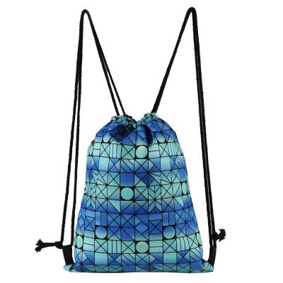 China Waterproof PU Leather Drawstring Backpack Women Girls Holographic Geometric Gym Sports Bag Yoga Bag Zipper Drawstring Bag for sale