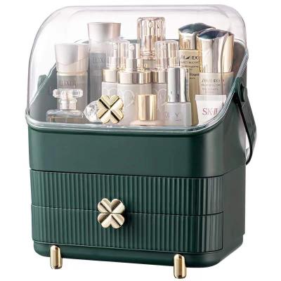 China Fashion Retro Green Dust Proof Desktop Cosmetic Case Luxury Cosmetic Box Makeup Organizer Storage Box for sale