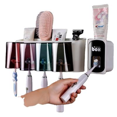 China Modern Wall Mounted Mouthwash Cup Toothpaste Dispenser Toothbrush Holder With 4 Cups Automatic Dispenser Toothbrush Bathroom Holder for sale