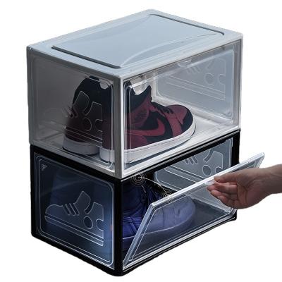 China 2022 New Viable Magnetic Plastic Shoe Storage Box Transparent Side Opening Household Stacking Dustproof Organization Storage Box for sale