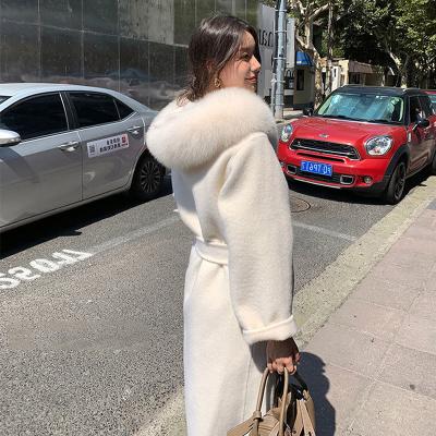 China New Reversible Faux Fur Hooded Woolen Coat Lady Tweed Collar Long Cloth for sale