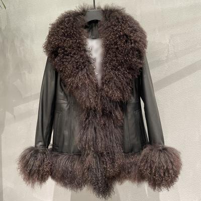 China Warm Reversible Winter Wool Collar Leather Jacket Women Coat Faux Fur Trim for sale