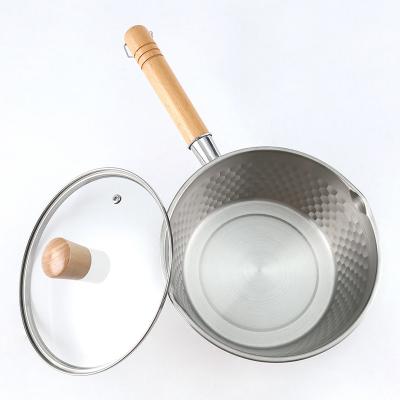 China Sustainable Stainless Steel Viewing Handle Milk Pot Wooden Soup Pot Cooking Pots for sale