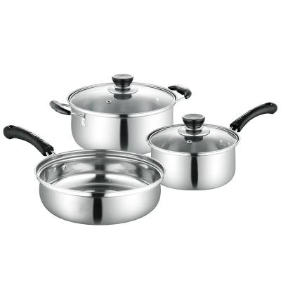 China Stainless Steel Cookware Set Workable Polishing Three-Piece Stock Pot Frying Pan Milk Pot Set Pot for sale