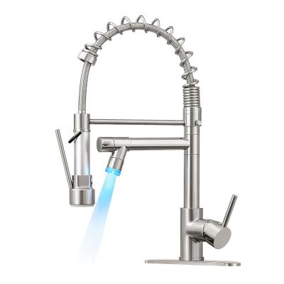 China Pull Out Spray New Style Led Faucet Single Handle Lightweight Spring 304 Stainless Steel Kitchen Sink Faucet Pull Down Mixer Tap Double Outlet for sale