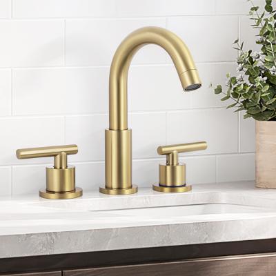 China Water Metered Basin Sink Taps Bathroom Gold Brass Handle Double Holes 3 Taps Bathroom Basin Faucet Sink Mixer Tap for sale