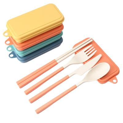 China Viable Portable Reusable 4PCS Cutlery Set Wheat Straw Folding Knife Fork Spoon Chopsticks For Travel Picnic Camping Dinnerware Set for sale