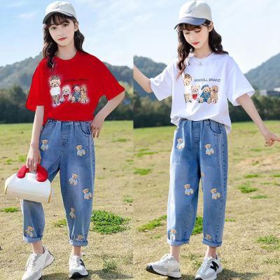 China Viable new girls summer clothes fashion big kids printed bear jeans set 9 year old girl denim set for sale