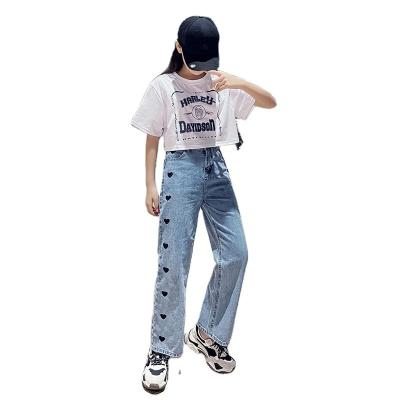 China 2023 summer new viable girls' western-style big leg pants wide leg pants jeans set 12-year-old girl's clothes for sale