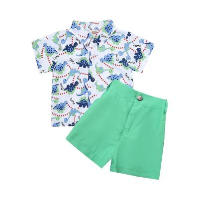 China Formal Clothing Suit Boy Short Sleeve Shorts Full Print Dinosaur Shirt Suit Solid Color Summer Cotton Boys Suit for sale