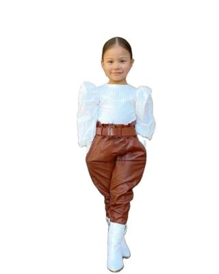 China Hip Hop Girls Clothes Europe And America Round Neck Bubble Jackets Top Fashionable PU Leather Pants Two Pieces Set for sale