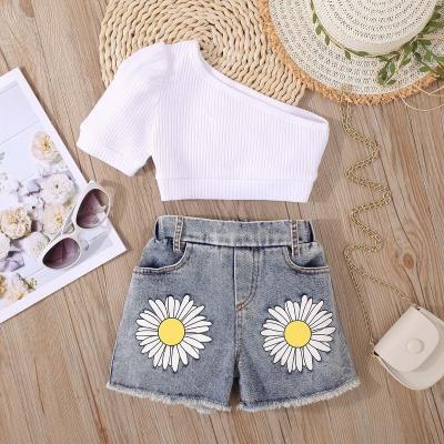 China Casual Kids Clothes Ribbing Daisy Printed Denim Stripe Solid Color Short Sleeve Open-Bag Top Shorts Set for sale