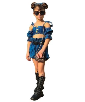 China Casual Kids Clothes Girl's High Waist Suspender Puff Sleeve Single Breasted Cardigan Top With Belt Shorts Set for sale