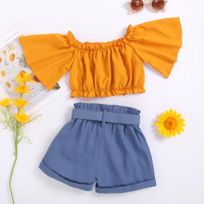 China European and American children's clothing girls casual solid color flared sleeve sweater high waistband shorts children's suit for sale