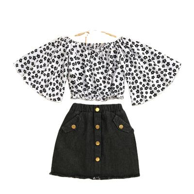 China Sustainable Baby Clothes Sets Summer Wide Collar Flared Floral Top Black Single Breasted Sleeve Denim Skirt Set for sale