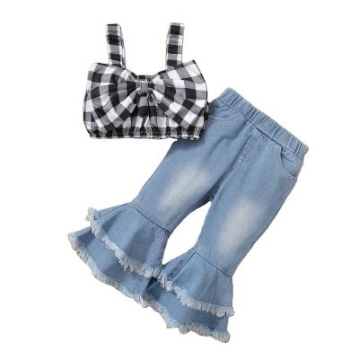 China 2023 baby children clothes spring and autumn 2023 Korean top new denim bell-based bow pants set breathable for sale